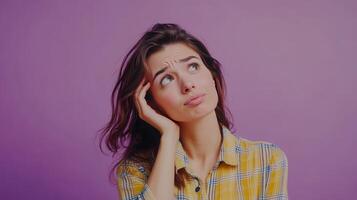 Young woman in a plaid shirt contemplating against a purple background photo