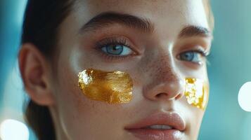 Young woman with golden facial masks during a skincare routine indoors in bright light photo