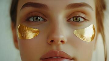 Woman applying gold eye masks for skincare treatment at home in bright natural light photo
