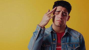 Young man expressing frustration against a bright yellow background during a casual indoor setting photo