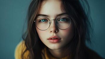 Young woman with striking blue eyes and glasses looking directly at the camera against a soft, muted background photo