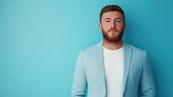 Young man in a light blue blazer standing confidently against a bright blue background photo