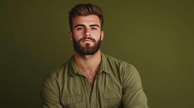 Young man with a beard poses against a green background, wearing a casual shirt, showcasing confidence and style in a studio setting photo