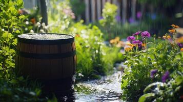 A wooden barrel overflowing with rainwater amidst vibrant flowers in a lush garden during a gentle shower photo