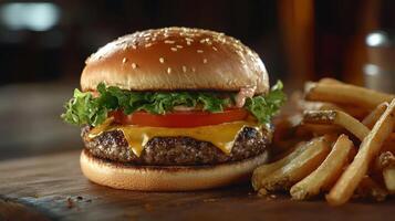 Juicy cheeseburger with fresh lettuce and tomato served alongside golden fries on a wooden table photo