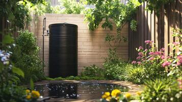 A black rainwater tank surrounded by vibrant flowers and lush greenery in a serene garden during daytime photo