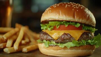 Delicious cheeseburger with lettuce, tomato, and fries on a wooden table in a casual dining setting during the afternoon photo