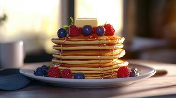 Stack of fluffy pancakes topped with fresh berries and butter, served with syrup in a cozy breakfast setting photo