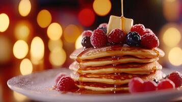 Delicious pancakes stacked high with fresh raspberries, blueberries, and a pat of butter, drizzled with syrup in a warm, festive setting photo