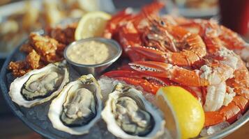 Seafood platter featuring oysters, crab, and shrimp served with lemon wedges and dipping sauce on a rustic wooden table at a coastal restaurant photo
