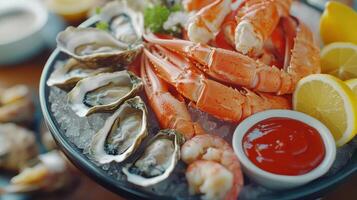Enjoying a seafood platter with fresh shrimp, oysters, and crab legs on ice at a coastal restaurant during a sunny afternoon photo