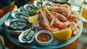 Fresh seafood platter featuring shrimp and oysters served with lemon wedges at a coastal restaurant during sunset photo