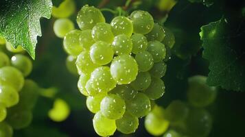 Fresh green grapes hanging from a vine illuminated by sunlight in a vineyard during late afternoon photo