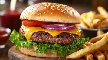 Delicious cheeseburger with lettuce, tomato, and onion served with crispy French fries on a wooden platter photo