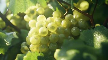 Bunch of ripe green grapes hanging on a vine surrounded by lush green leaves in warm sunlight photo