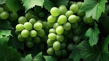 Fresh green grapes cluster surrounded by lush green leaves in a vineyard during daylight photo