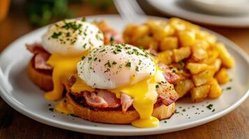 Delicious breakfast of eggs Benedict with bacon and golden potatoes served on a white plate photo