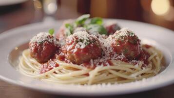 Spaghetti with meatballs topped with cheese and herbs in a cozy Italian restaurant setting photo
