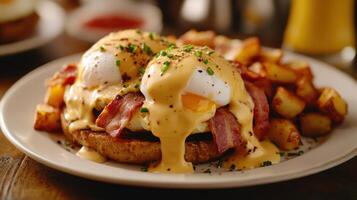 Breakfast plate featuring eggs Benedict on a toasted English muffin with crispy bacon and seasoned potatoes photo