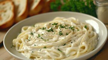 Creamy fettuccine alfredo served with garlic bread on a wooden table photo