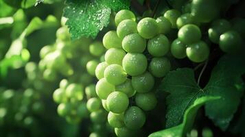 Lush green grape clusters hang from a vine after a light rain in a vineyard during late summer photo