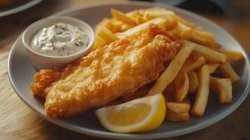 Crispy fried fish and golden fries served with tartar sauce and lemon wedge on a wooden table photo