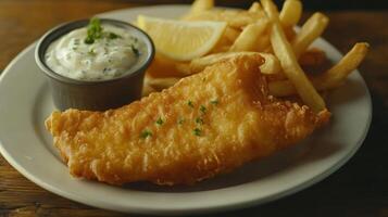 Crispy fried fish fillet served with golden fries, tartar sauce, and lemon wedges on a white plate photo
