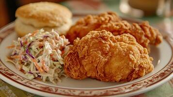Delicious southern fried chicken served with creamy coleslaw and a fluffy biscuit at a cozy family gathering in the countryside during the afternoon photo