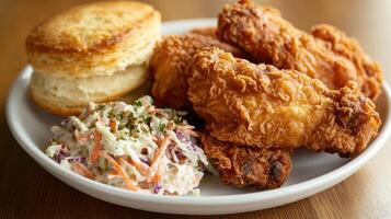 Fried chicken meal served with coleslaw and a biscuit on a plate photo