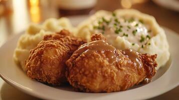 Crispy fried chicken served with creamy mashed potatoes and gravy on a dinner plate photo