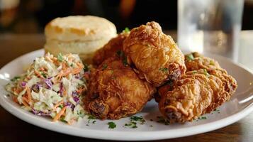Southern fried chicken with coleslaw and biscuit served on a plate photo