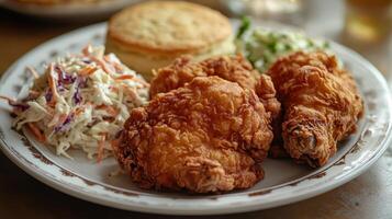 Crispy fried chicken with coleslaw and biscuit served on a plate at a southern restaurant photo