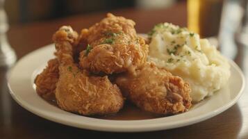Fried chicken served with creamy mashed potatoes on a white plate in a cozy restaurant setting photo