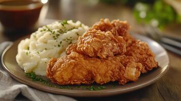 Crispy fried chicken served with creamy mashed potatoes and garnished with herbs on a rustic wooden table photo