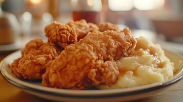Delicious southern fried chicken served with creamy mashed potatoes and gravy in a cozy diner setting photo