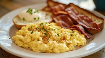 Scrambled eggs with poached egg, bacon, and toast served on a white plate at a cozy breakfast setting photo