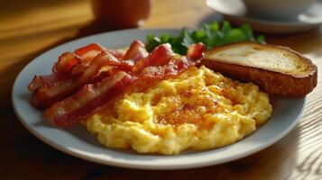 Savory breakfast with scrambled eggs, crispy bacon, and toast on a rustic wooden table photo
