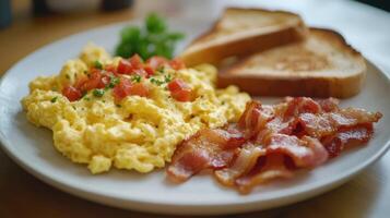 Scrambled eggs topped with tomatoes, crispy bacon, and toasted bread served on a plate for breakfast photo