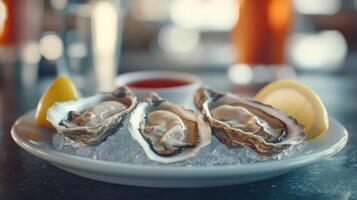 Fresh oysters served on a plate with lemon wedges and dipping sauce at a seaside restaurant during a sunny afternoon photo