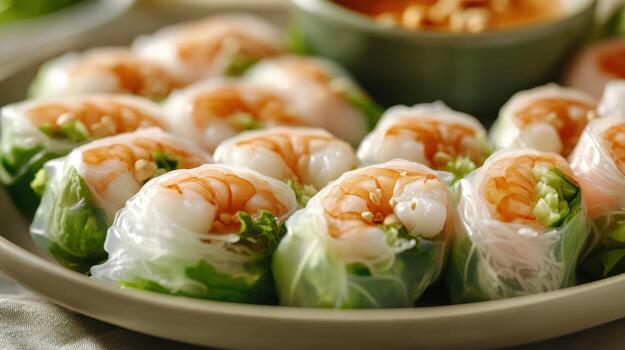 Fresh shrimp spring rolls served on a plate with peanut sauce and herbs in a cozy dining setting photo