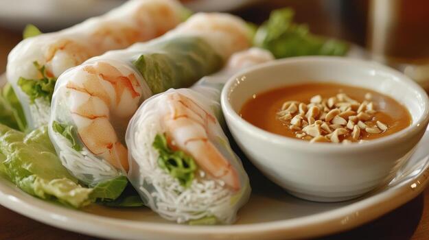 Fresh shrimp spring rolls served with a peanut dipping sauce on a white plate with lettuce and herbs photo