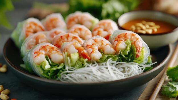 Fresh shrimp spring rolls served with peanut sauce on a dark wooden table photo