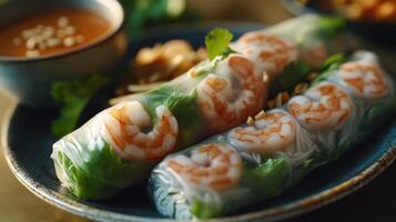 Fresh shrimp spring rolls served on a blue plate with dipping sauce and garnishes in a warm, inviting setting photo