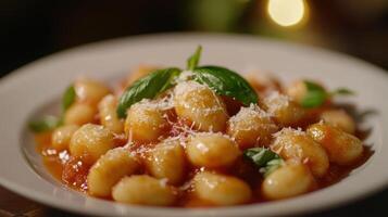 Delicious homemade gnocchi served with fresh tomato sauce and basil in an elegant dining setting during the evening photo