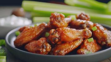 Buffalo chicken wings served in a bowl with celery sticks and dipping sauce on a wooden table in a cozy setting photo