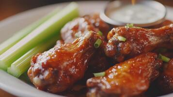 Delicious spicy chicken wings served with celery and dipping sauce on a plate at a casual dining restaurant photo