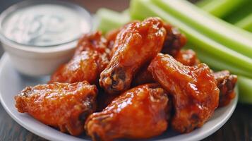 Juicy spicy chicken wings served with celery sticks and dipping sauce on a white plate photo