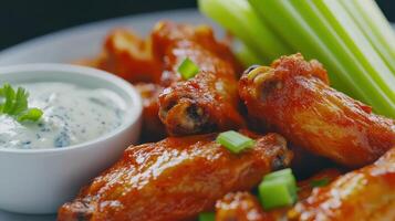 Juicy chicken wings with spicy sauce served alongside celery sticks and dipping sauce on a plate photo