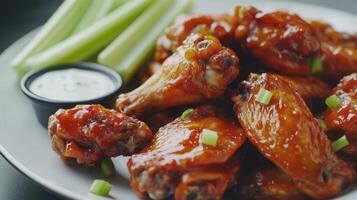 Spicy chicken wings garnished with green onions and served with celery sticks and dipping sauce on a plate photo