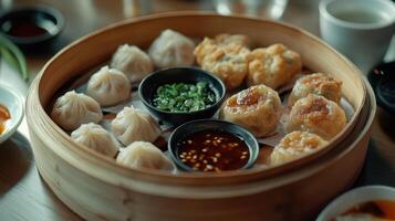 A bamboo steamer filled with various dumplings and sauces in a cozy restaurant setting photo